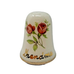 Vintage Porcelain Thimble “Grandma” Hand Painted Roses Gold Trim 1”